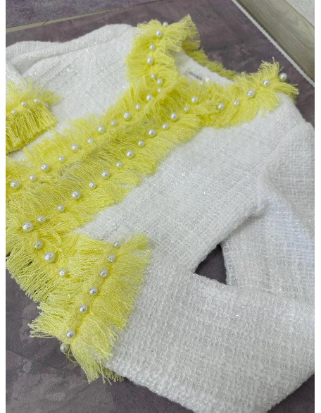 Yellow and white tweed two pieces girls pageant set with romper and jacket/ Girls interview outfit/ Casual wear/ Custom pageant outfit