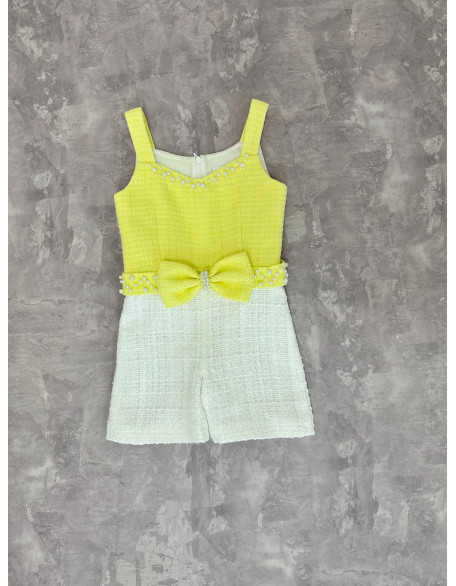 Yellow and white tweed two pieces girls pageant set with romper and jacket/ Girls interview outfit/ Casual wear/ Custom pageant outfit