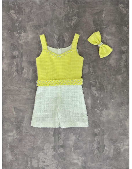 Yellow and white tweed two pieces girls pageant set with romper and jacket/ Girls interview outfit/ Casual wear/ Custom pageant outfit