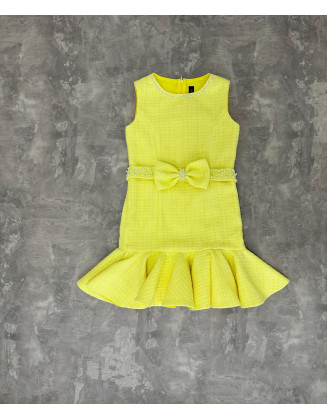 Yellow tweed girls pageant dress with ruffles bottom and bow belt/ Girls interview outfit/ Pageant casual wear/ Custom pageant outfit