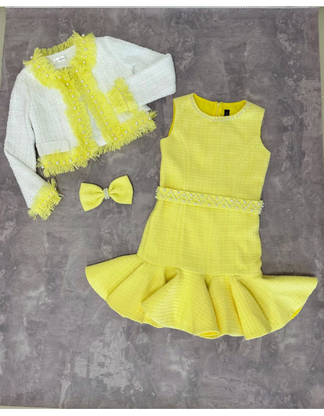 Yellow and white tweed two pieces girls pageant set with dress and jacket/ Girls interview outfit/ Casual wear/ Custom pageant outfit