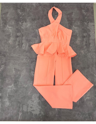 Light peach  girls jumpsuit with ruffle peplum/ Casual romper/ Girls casual wear/ Interview jumpsuit/ Custom pageant outfit