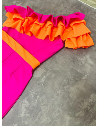 Hot pink girls jumpsuit with neon orange ruffles and belt/ Casual romper/ Girls casual wear/ Ruffles jumpsuit/ Custom outfit