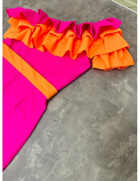 Hot pink girls jumpsuit with neon orange ruffles and belt/ Casual romper/ Girls casual wear/ Ruffles jumpsuit/ Custom outfit