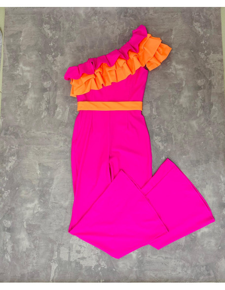 Hot pink girls jumpsuit with neon orange ruffles and belt/ Casual romper/ Girls casual wear/ Ruffles jumpsuit/ Custom outfit