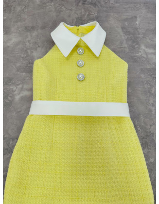 Yellow tweed girls pageant dress with ruffles bottom and white collar/ Girls interview outfit/ Pageant casual wear/ Custom pageant outfit