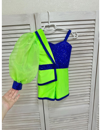 Neon green girls romper with one sleeve and royal blue sequins/ Casual romper/ Girls casual wear/ Ruffles romper/ Custom outfit