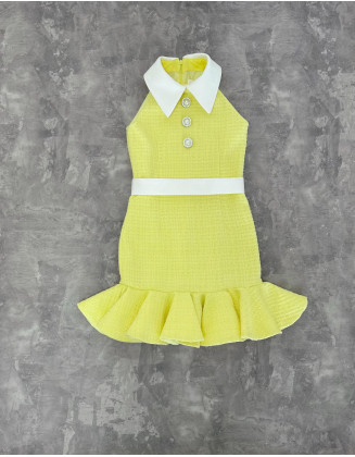 Yellow tweed girls pageant dress with ruffles bottom and white collar/ Girls interview outfit/ Pageant casual wear/ Custom pageant outfit