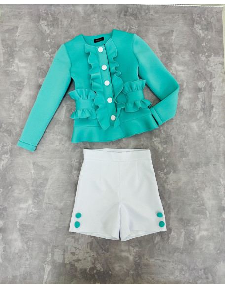 Mint and white girls suit with ruffled jacket and shorts/ Casual pageant outfit/ Girls casual wear/Scuba suit/ Custom outfit