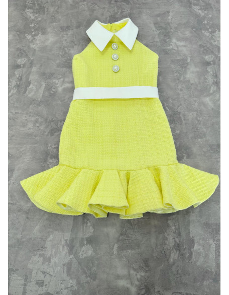 Yellow tweed girls pageant dress with ruffles bottom and white collar/ Girls interview outfit/ Pageant casual wear/ Custom pageant outfit