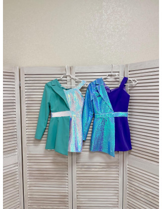 Turquoise and white sequins jacket romper with belt and one sleeve/ Interview romper/ Girls casual wear/ Custom outfit