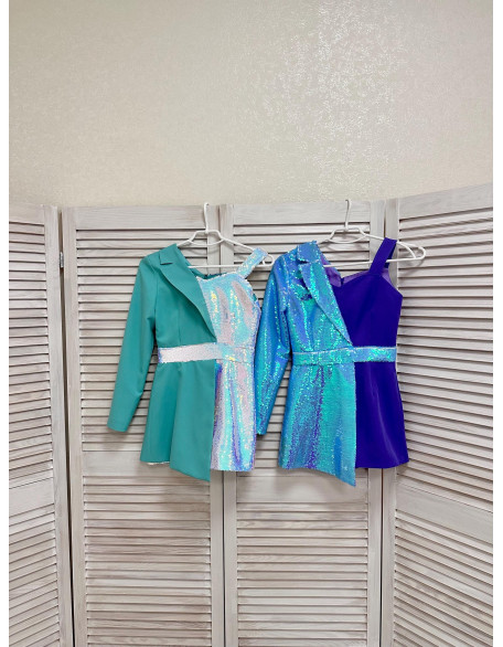 Turquoise and white sequins jacket romper with belt and one sleeve/ Interview romper/ Girls casual wear/ Custom outfit