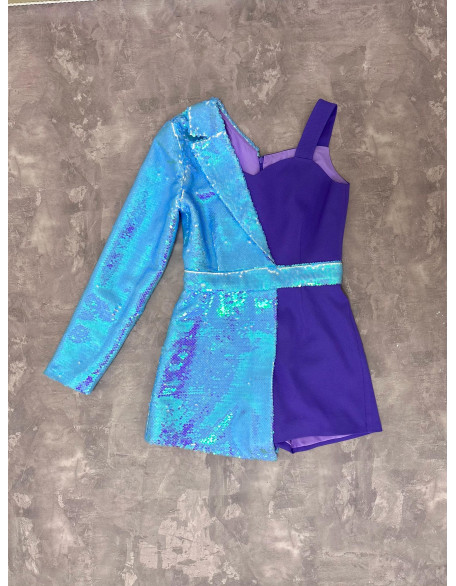 Blue and purple sequins jacket romper with belt and one sleeve/ Interview romper/ Girls casual wear/ Custom outfit