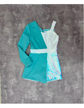 Turquoise and white sequins jacket romper with belt and one sleeve/ Interview romper/ Girls casual wear/ Custom outfit