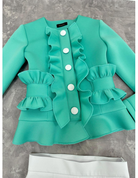 Mint and white girls suit with ruffled jacket and shorts/ Casual pageant outfit/ Girls casual wear/Scuba suit/ Custom outfit